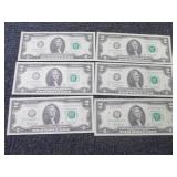 6 Sequential, Uncirculated $2 Bills...