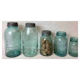 5 Vintage Ball Jars - Blue - 3 sizes