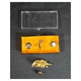 Vintage Jewelry Set - Gold Leaf Brooch and Mother of Pearl Cuff Links w/ Tie Clip