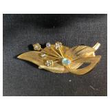 Vintage Jewelry Set - Gold Leaf Brooch and Mother of Pearl Cuff Links w/ Tie Clip