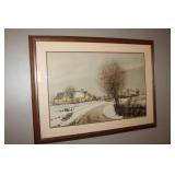 Framed Vintage Watercolor Landscape Art - Winter Scene with House and Trees