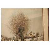 Framed Vintage Watercolor Landscape Art - Winter Scene with House and Trees