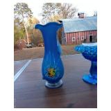 Set of 2 Vintage Blue Glass Decorative Pieces - Vase and Candy Dish