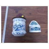 Vintage Ceramic Wall Mount Flower Pot and Holder Set - Blue Floral Design