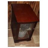 Vintage Wooden Storage Cabinet with Mesh Front and Casters