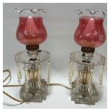 Pair of Vintage Etched Cranberry Glass Boudoir Lamps