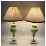 Pair of Vintage Hand Painted Satin Glass Lamps with Marble Base