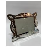 Original Asian Watercolor, Vintage Hand Painted Porcelain Teapot and Etched Mirror Picture Frame