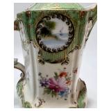 Original Asian Watercolor, Vintage Hand Painted Porcelain Teapot and Etched Mirror Picture Frame