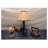 Vintage Collection: Marble Goblet, Cast Iron Vintage Iron, and Bear-themed Table Lamp