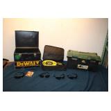 Assortment of Tools and Accessories Including Dewalt Toolbox, Bosch Cord Reel, and Sunglasses