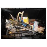 Assortment of Tools and Accessories Including Dewalt Toolbox, Bosch Cord Reel, and Sunglasses