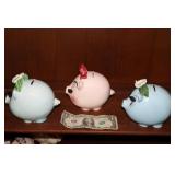 (3) RARE Lefton Eyelash Pink w/Red Bow, Blue w/Pink Flower Hand Painted Pig Piggy Banks