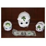 (3) Lefton Fine China Pig Piggy Banks Hand-Painted Shamrocks St. Patrick’s Day Decor…