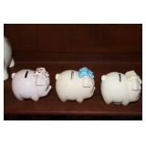 (5) Lefton Japan 1980’s Vintage Pig Piggy Banks Hand-Painted Applied Flowers, Blue Pink Bows