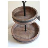 Two-Tier Wooden Serving Stand with Black Metal Accents