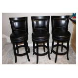 Set of 3 Black Upholstered Counter Height Stools with Gold Stud Accents