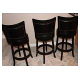 Set of 3 Black Upholstered Counter Height Stools with Gold Stud Accents