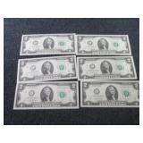 6 Sequential, Uncirculated $2 Bills...