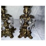 Pair Of Antique Brass And Crystal Candlestick Holders Measuring 12.5 Inches Tall