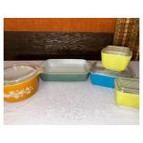 Vintage Glass, Pyrex Storage Containers And Baking Dishes In The Yellow Blue And Green And Small Butterfly Gold Casserole Dish