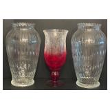 Fun Pair of Large Glass Vases and Crackle Red and Clear Hurricane Vase