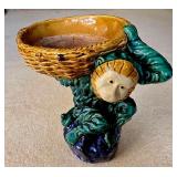 Majolica Monkey Planter, Double Handled Pottery Vase and Ceramic Frog Candle Holder