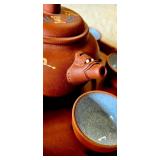 Hot Sake Clay Tea Pot & Eggshell Inlay O-Choko Cups