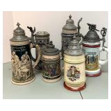 Six Collectible Steins including Two Vintage Regimental Steins