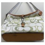 Coach Canvas White and Green Hampton Clip Handbag