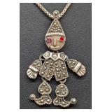 Marcasite Clown Pendant and Sterling Silver Box Chain