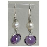 Sterling Silver White Cultured Pearl and Amethyst Stone Earrings