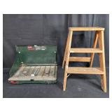 Coleman Propane Stove - Used Condition, Functional & Wooden 2 Rung Step Ladder