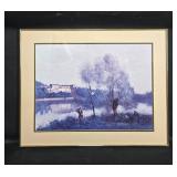 Framed Art Print of Lakeside Scene with Trees and Figures