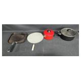 Lot of Cookware Items: Skillet, Strainer, Red and Black Pots