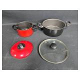 Lot of Cookware Items: Skillet, Strainer, Red and Black Pots