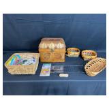 Mixed Lot of Vintage Baskets, Wooden Chest, and Craft Supplies