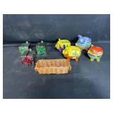 Collection of 4 Painted Ceramic Piggy Banks and 3 Decorative Gift Boxes with Woven Basket