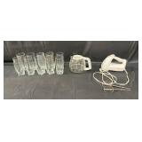 Set of Glass Tumblers, Glass Coffee Pot, and Electric Hand Mixer