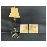 Vintage Table Lamp with Shade and Set of 2 Framed Grape Artwork