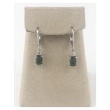 Bangkok Ratnaraj Jewelers Emerald Cut Emerald & CZ Sterling Silver Lever Back Pierced Dangle Earrings .