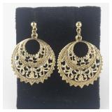 Fancy Round Filigree Gold Tone Base Metal Dangle Earrings .