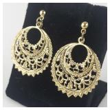 Fancy Round Filigree Gold Tone Base Metal Dangle Earrings .