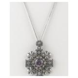 Purple Accented Jerusalem Sterling Silver Cross Pendant Necklace .