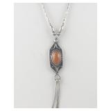 Coral Inlay Sterling Silver Pendant Necklace .