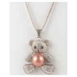 Pink Simulated Pearl Rhinestone Accented Rose Tone Base Metal Teddy Bear Pendant Necklace .