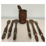 Vintage African Carved Wood Serving Spoons, Forks and Knives and Vintage Wood Mortar and Pestle Set