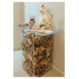 Accent Table Filled with Collected Shells and Decorative Shell Animals