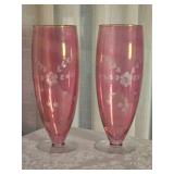 Vintage Etched Cranberry Glass Flower Vase approx. 10