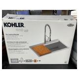 Kohler Pro-Inspired Stainless Steel Kitchen Sink Kit With Sink, Faucet, Bamboo Cutting Board, Silicone Mat, Drain Strainer & Hardware